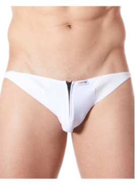 Slip brief blanc sexy avec fermeture éclair et côtés style cuir dos transparent - LM813-61WHT
